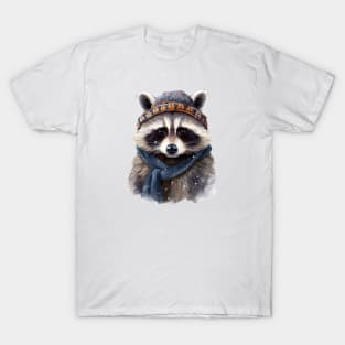 Raccoon in a warm hat and knitted scarf winter T-Shirt